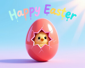Vibrant Easter illustration of a smiling chick emerging from a cracked pink eggshell, set against a pastel blue and purple background with Happy Easter written in colorful letters.