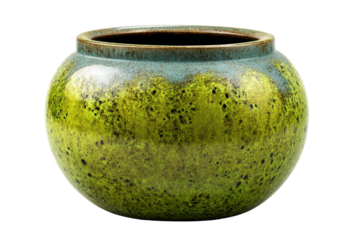 A green and yellow vase with a green base. The vase is made of clay and has a unique design, png	
