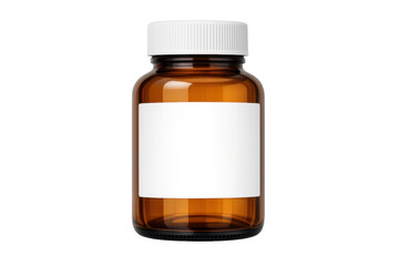 Amber glass medicine bottle blank label white cap transparent background mockup isolated for health supplement or pharmaceutical product branding