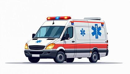 Illustration of ambulance vehicle on white background. Emergency services transport medical care. Urgent assistance concept. Rescue vehicle isolated in flat design style. Medical transportation