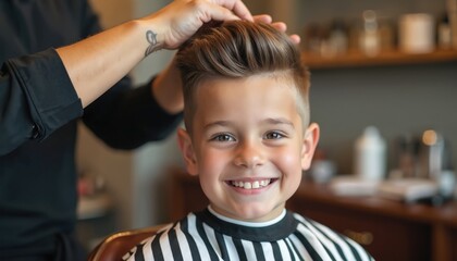 Happy little boy smiles during stylish haircut by barber. Child enjoys salon visit and new hairstyle. Kid getting trendy haircut, fashion and modern look at barbershop.