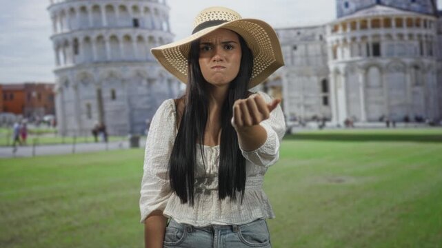 Woman wearing sunhat and white blouse with outstretched hand beckoning in front of historic building near a leaning tower and lawn; frustration demand.