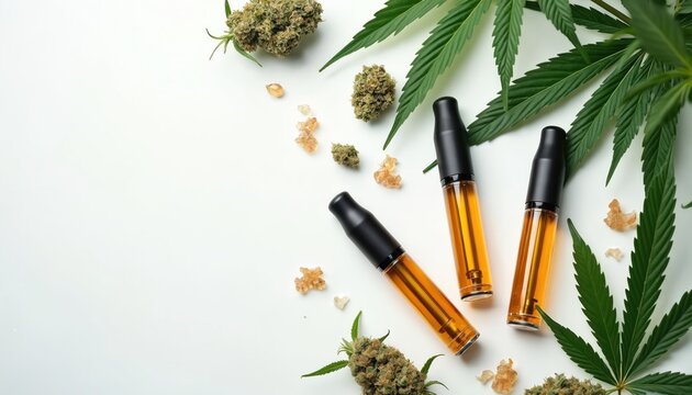 Close up shot presents cannabis buds, oil cartridges, leaves on white background. Modern marijuana culture, relaxation lifestyle. Weed plant for medicine, healthcare, wellness concept flatlay still