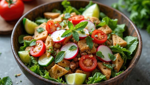 Fattoush salad in bowl on table. Middle Eastern cuisine includes lettuce tomato cucumber radish mint parsley sumac olive oil lemon juice. Homemade lunch dinner dish full of vitamins.
