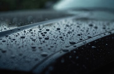 Close photo of raindrops on car surface. Raindrops on black auto body. Wet car surface in rainy weather. Automotive industry concept. Water droplets on car paint.