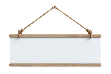 A white sign hanging from a rope. The sign is blank and has no writing on it, png	

