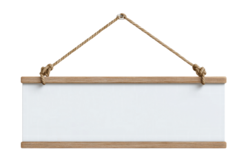 A white sign hanging from a rope. The sign is blank and has no writing on it, png	
