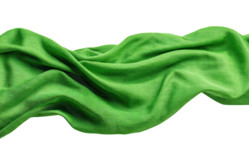 A green fabric is shown in a white background. The fabric is long and has a smooth texture. The color green is dominant in the image, giving it a fresh and lively appearance, png	
