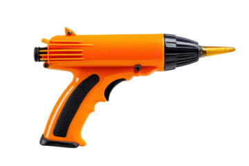A yellow tool with a black handle. It is a hot glue gun. The hot glue gun is on a white background, png	
