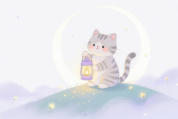 A cute gray cat with a lantern sits on a hill under a large moon, surrounded by fireflies in a whimsical, dreamy style.