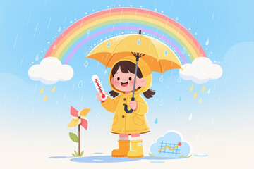 A cartoon girl in a yellow raincoat and boots holds a matching umbrella and a thermometer, standing under a rainbow on a rainy day with fluffy clouds and a pinwheel.