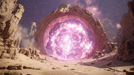 Pink Portal In Ancient Desert Landscape Under Starry Night