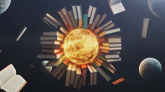 A vibrant sun-like orb radiating light, surrounded by a circular arrangement of books, with planets and open books floating in a dark, starry expanse.