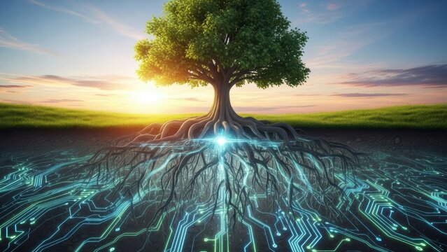 Conceptual image of a tree with its root system mirrored by a glowing digital network underground.