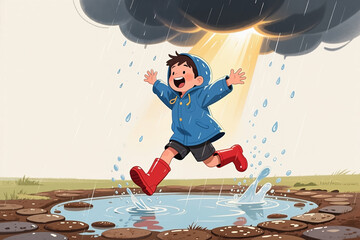 A cartoon boy in a blue raincoat and red boots jumps into a puddle, surrounded by rain and a sunny beam, in a digital illustration with a simple background.
