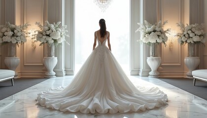 Bride in elaborate gown stands in ornate hall. She waits for groom amid floral decor. Elegant bridal celebration awaits, preparing for vows.