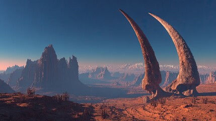Alien Desert Landscape With Red Rocks and Giant Horns