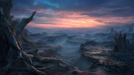 Alien Landscape Sunrise View Over Misty Mountains