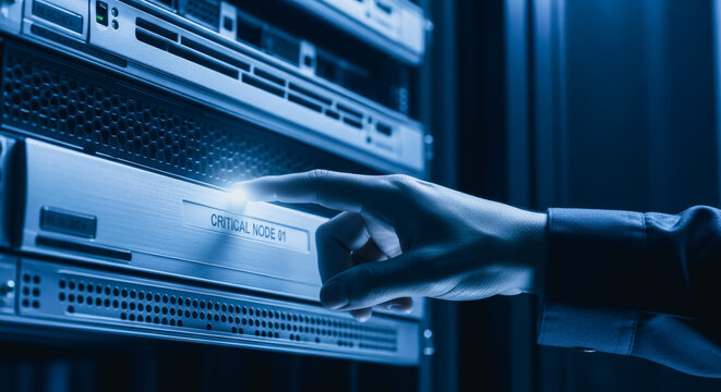 IT engineer touching critical server node in data center for system maintenance and cloud technology management - Powered by Adobe