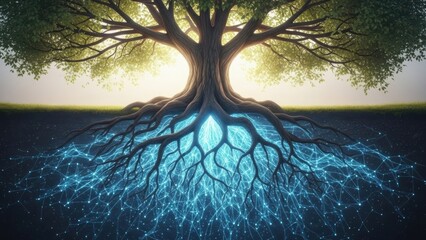 Conceptual image of a tree with its root system mirrored by a glowing digital network underground.