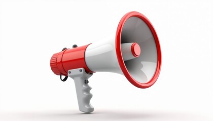 3D red and white megaphone isolated on white background. Modern loudspeaker object for communication and announcements. Device amplifies voice for public speaking and making noise.
