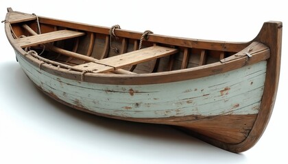 Obraz premium Old wooden rowboat isolated on white backdrop. Weathered details reveal its age. Nautical design features rope oar and seating. Perfect for adventure travel and design projects.