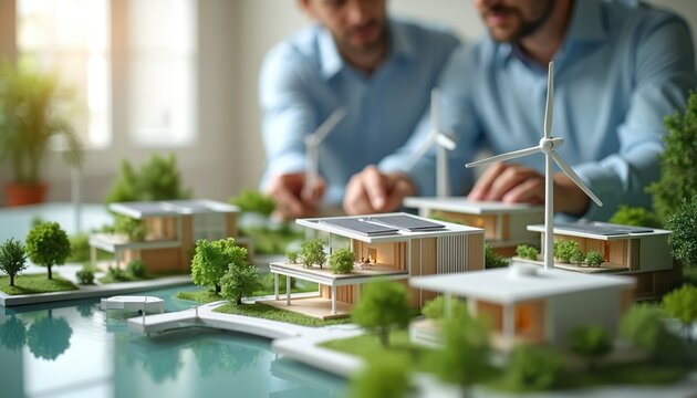 Architects create design of modern eco house model. Sustainable building project with solar panels, wind turbines, green environment. Engineers work on architecture urban development plan. Renewable