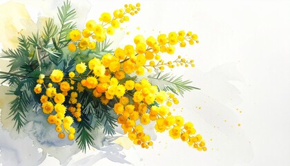 Vibrant watercolor mimosa flower background for International Women's Day greeting cards and spring season botanical art