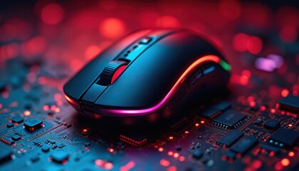 Illuminated gaming mouse rests on neon circuit board. Device features futuristic design with led lights. Represents modern tech, digital world, cyberspace. Mouse precision equipment for interactive