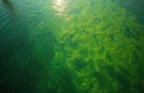 Water bloom in river. Green algae growth polluting water, aquatic ecosystem. Environmental issue of eutrophication of lakes, ponds, rivers. Oxygen depletion harming water wildlife. River pollution by