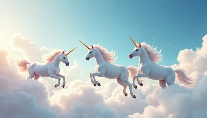 Naklejka premium Illustration presents unicorns flying in sky above clouds. Magical fairytale creatures with horns. Art for children book print. Unicorns gallop in heaven. Blue, white pastel colors. Fantastic surreal
