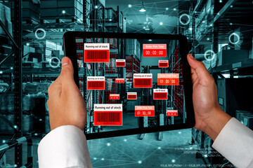 Smart warehouse management system using augmented reality technology to identify package picking and delivery . Future concept of supply chain and logistic business .