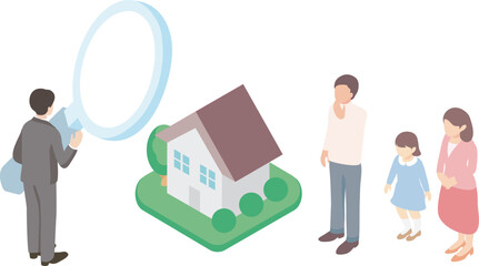 Isometric Real Estate Illustration. Happy Family Looking for a New House and Businessman Inspecting Home