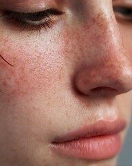 Fototapeta premium Macro image of sensitive facial skin with redness and natural texture on white background