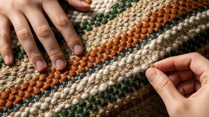 Close-up of hands weaving a colorful striped rug with yarn
