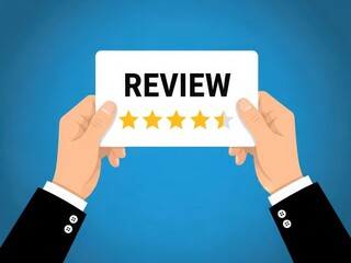 Hands holding a card with review and five stars on a blue background