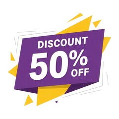 Purple discount 50 percent off sign isolated on white background