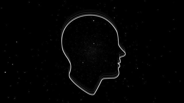 Animated head outline design made with a white line floating over black space with stars