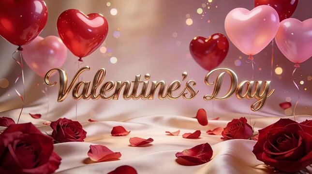 A luxurious and romantic Valentine's Day background featuring the text Valentine's Day written in an elegant, 3D golden script font in the center.