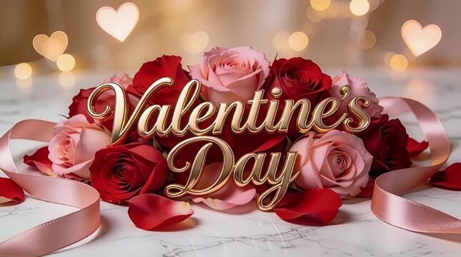 A luxurious and romantic Valentine's Day background featuring the text Valentine's Day written in elegant, 3D gold cursive calligraphy in the center.