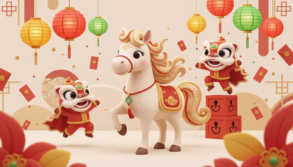 Naklejka premium Modern Chinese New Year greeting card with horse zodiac concept