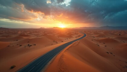 Desert landscape features endless sand dunes. Road cuts through arid terrain towards horizon. Dramatic sunset sky adds beauty, calm environment. Scenery shows nature, travel adventure in remote