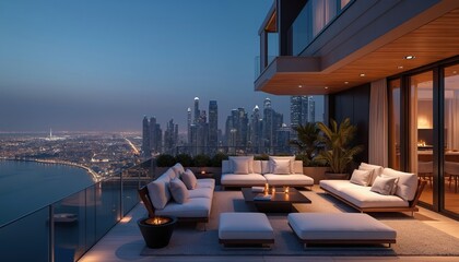 Obraz premium Luxury apartment balcony offers expansive Dubai city views at night. Modern outdoor lounge furniture is arranged near a fireplace, ideal for relaxing and entertaining guests.