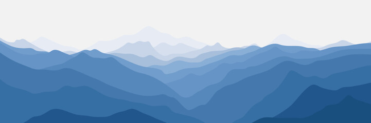 Vector illustration of mountains, silhouette ridges in the morning haze, mountain gradient, panoramic view