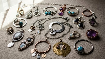 Overhead shot of various jewelry pieces arranged on a surface with natural light.