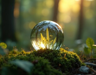 Naklejka premium Magical forest scene features sunlit sphere with plants inside. Moss and green vegetation surround the glass orb. Sunlight filters through trees, creating bokeh effect. Nature photo conveys peace.