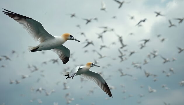 Northern gannets fly in sky. Birds with white plumage and yellow head glide with wings. Flock soars, wildlife in its natural habitat at blue heaven.