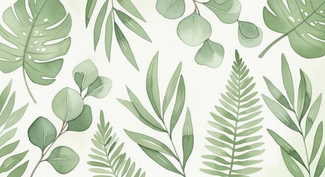 Watercolor green leaves pattern isolated on white background - Powered by Adobe