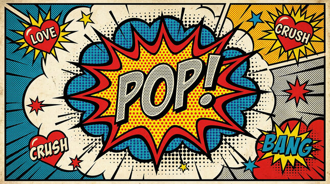 Comic Book Pop: A vibrant and dynamic comic book panel explodes with bold typography and iconic pop art elements, capturing the excitement and energy of the genre. 