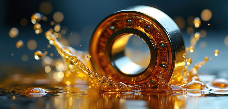 Golden ball bearing with lubricant splash. The illustration displays industrial tech concept with details. The shiny bearing showcases precision and manufacturing with a fluid motion.